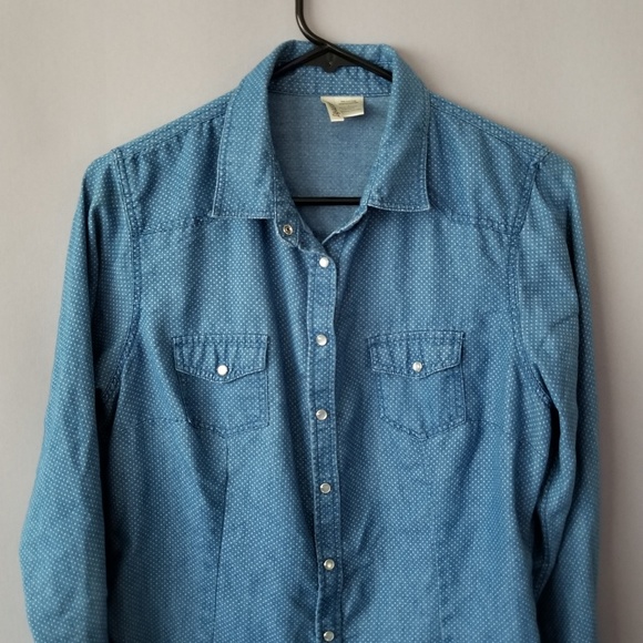 X PASSPORT BUTTON DOWN LONG SLEEVE DOTTED CHAMBRAY - Picture 3 of 5